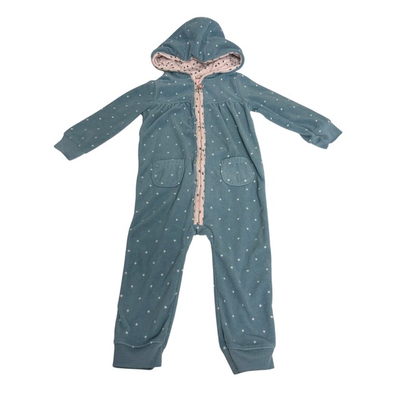 Carter's Other - Carters Baby Girl 18M Blue Polka Dot Fleece Hooded Jumpsuit Romper Cat Back Zip